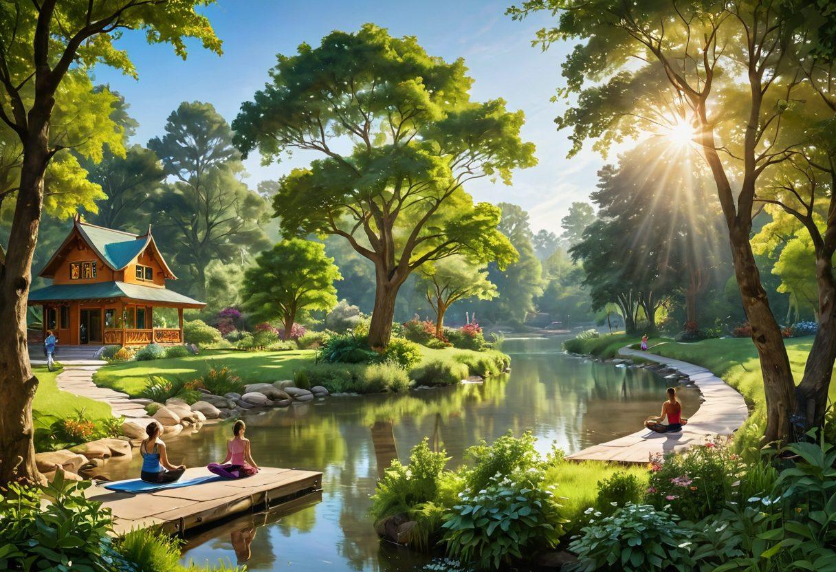 A serene landscape depicting a vibrant community engaged in various wellness activities such as yoga, meditation, and communal gardening. Ethereal light filtering through lush trees symbolizes harmony and connection, while diverse individuals of all ages interact joyfully. A gentle river flows in the background, representing the journey to blissful well-being. super-realistic. vibrant colors. peaceful atmosphere.