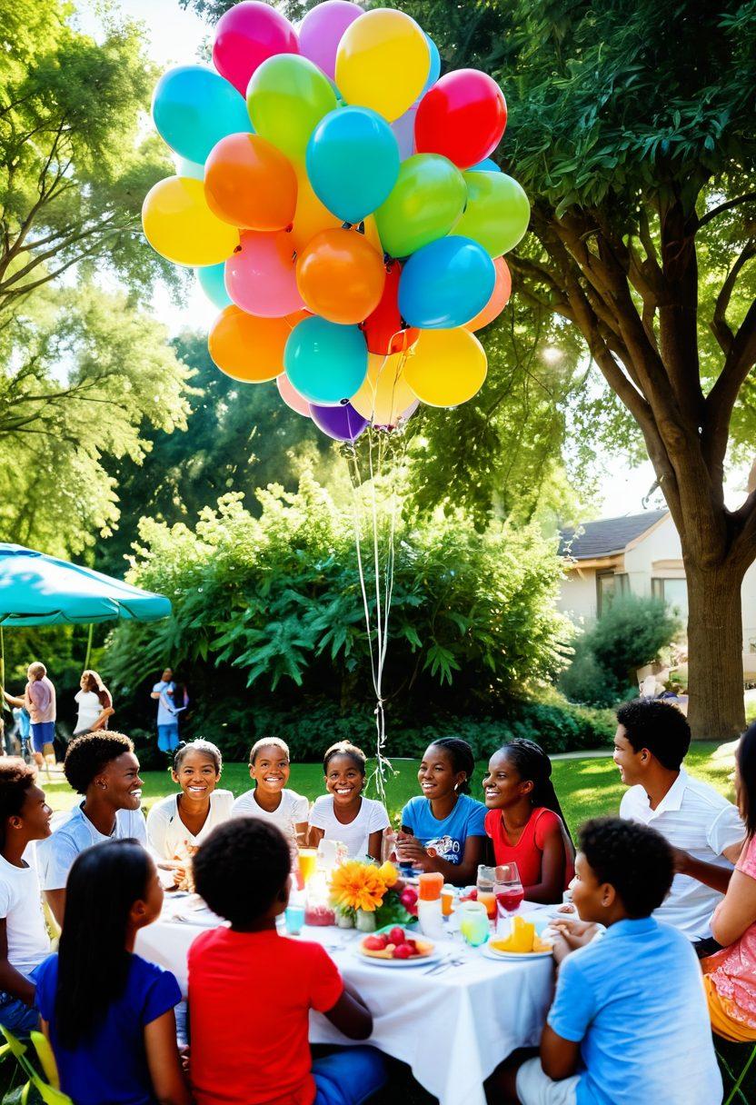 A vibrant community gathering in a sunlit park, with diverse individuals laughing, sharing food, and engaging in playful activities. Colorful decorations like balloons and banners symbolize joy and togetherness, while lush greenery and flowers create a serene backdrop. Children play, adults connect, and a sense of harmony is palpable. The atmosphere is warm, inviting, and filled with positivity. super-realistic. vibrant colors. cheerful tone.