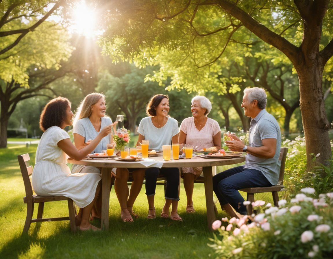 A warm and inviting scene depicting a diverse group of people of different ages and backgrounds sharing joyful moments together in a park, surrounded by lush greenery and blooming flowers. They are engaged in various activities like laughing, helping one another, and sharing food, radiating positivity and support. Sunlight filters through the trees, creating a serene and uplifting atmosphere. super-realistic. vibrant colors. soft lighting.